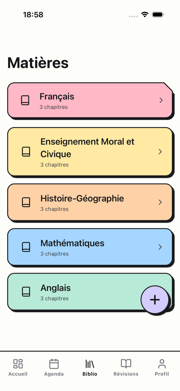 Écran des matières de goReviz : Français, Enseignement moral et civique, Histoire-géographie, Mathématiques et Anglais, chacune avec ses chapitres.