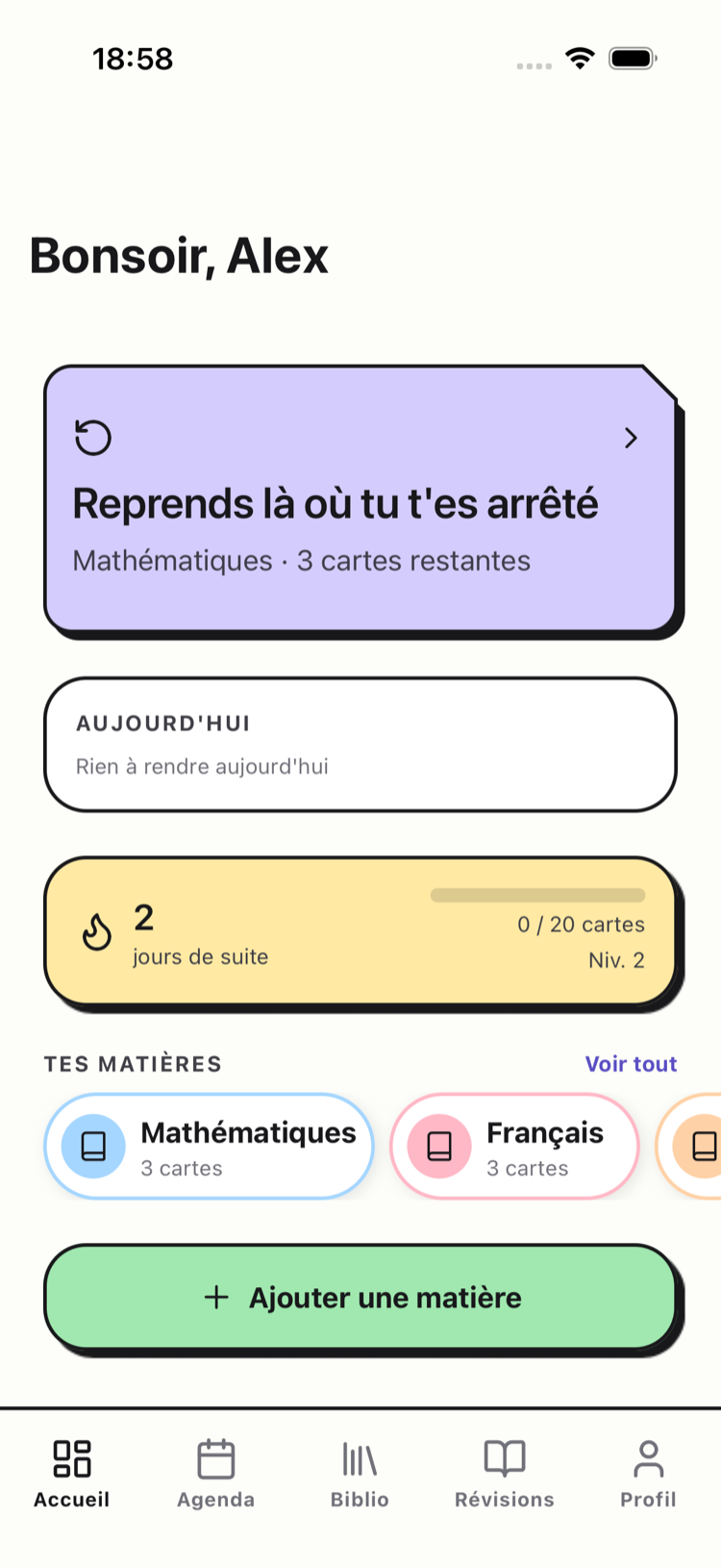 Écran d'accueil de goReviz : une carte « Reprends là où tu t'es arrêté », les devoirs du jour, la série de jours révisés, et les matières.