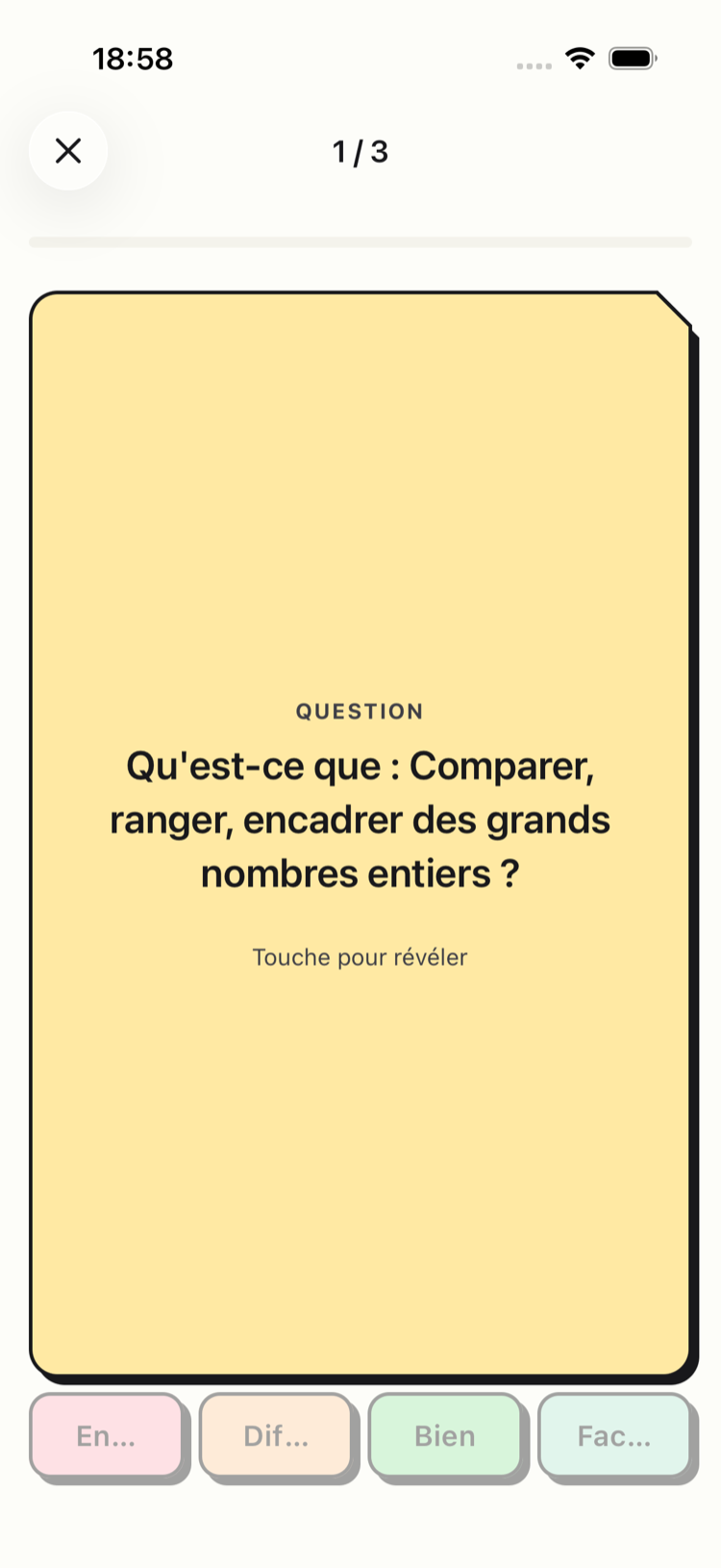 Une carte de révision goReviz affichant une question, avec quatre boutons pour évaluer si la réponse était sue.